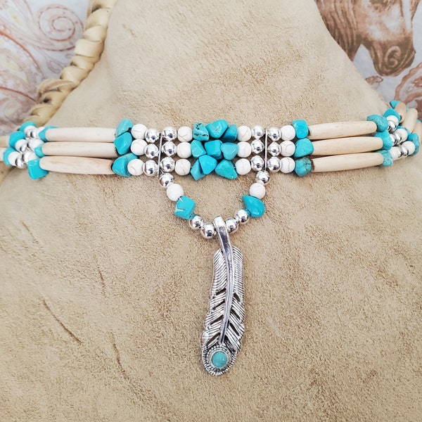 Native Hairpipe Choker with Silver Feather, Turquoise Chip and Bone Hairpipe Beads - Handmade - Native American Indian style - Traditional