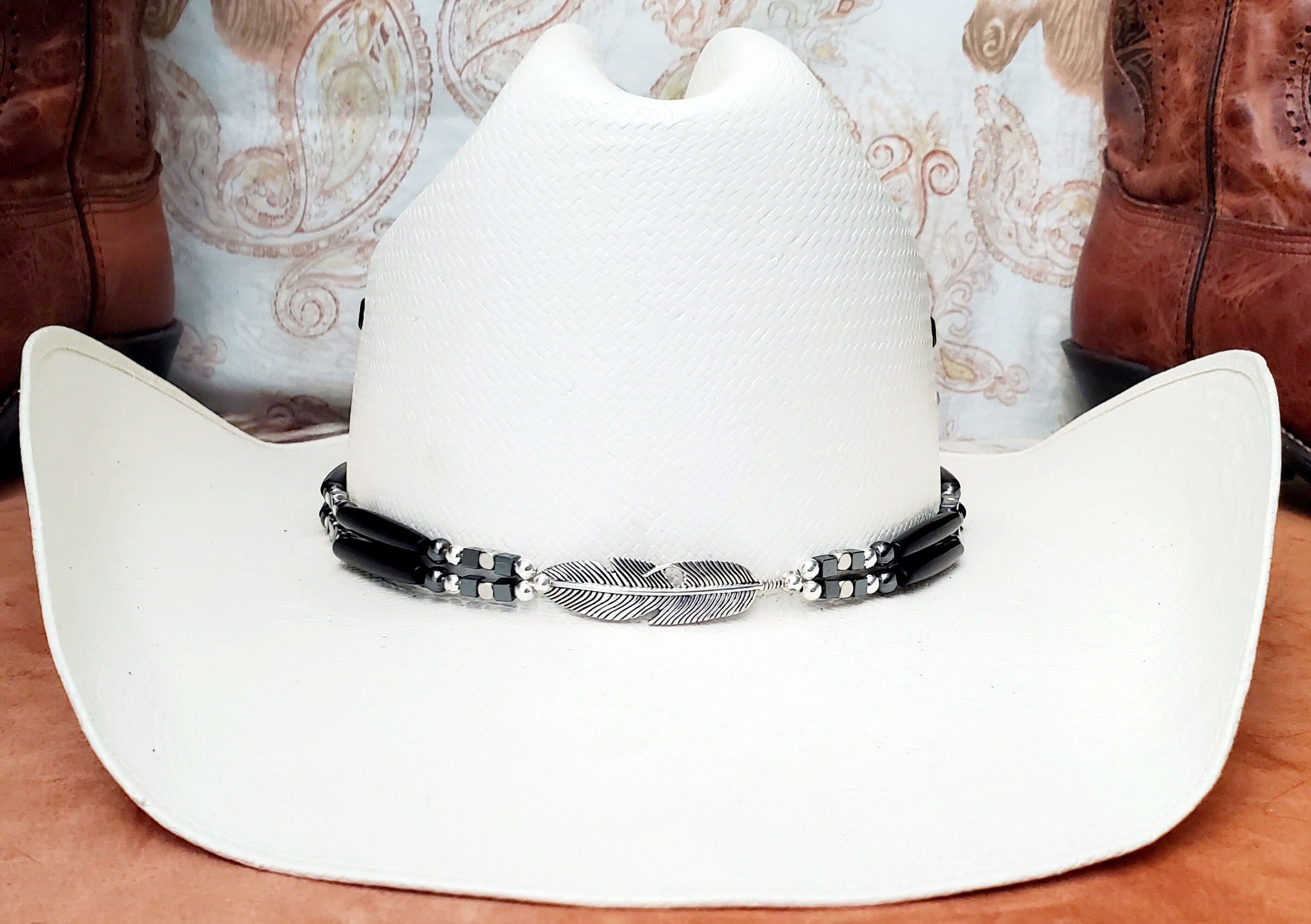 Cowboy Hat Band Silver or Turquoise Feather, Black Buffalo 