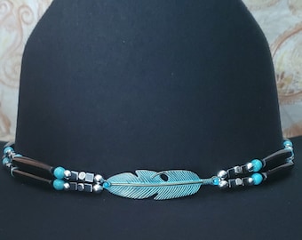 Cowboy Hat Band Silver or Turquoise Feather, Black Buffalo  display picture 1