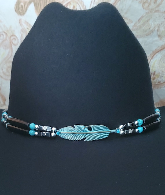 Cowboy Hat Band Silver or Turquoise Feather, Black Buffalo  display picture 1