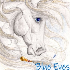 May include: A white horse with a blue eye and flowing mane. The horse is wearing a beaded necklace with orange, red, and green beads. The image is signed "Blue Eyes Designs".