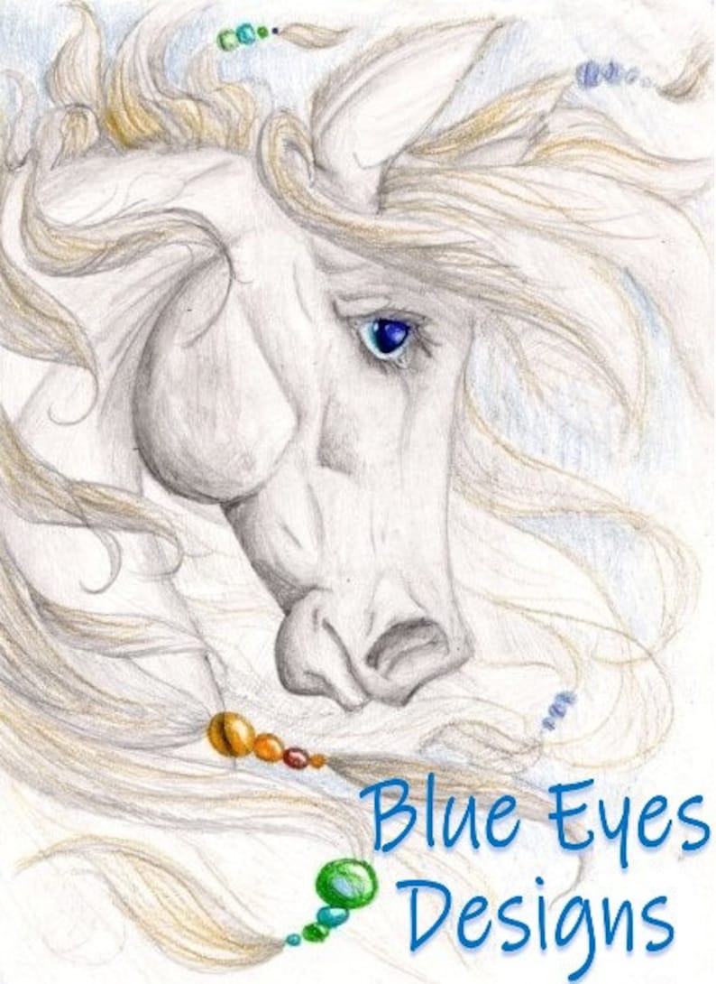May include: A white horse with a blue eye and flowing mane. The horse is wearing a beaded necklace with orange, red, and green beads. The image is signed "Blue Eyes Designs".