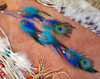 Peacock Feather Hair Clip length in 4", 8",  11", or 15" Suede Lace with Blue and Turquoise feathers, Boho Hair Feather Extension