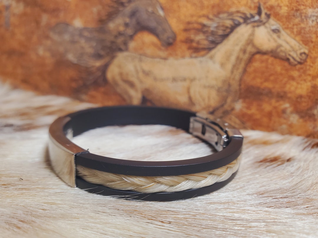 Horse Hair Braided Bracelet Inset Into Imitation Leather Band With Stainless Steel Clasps and