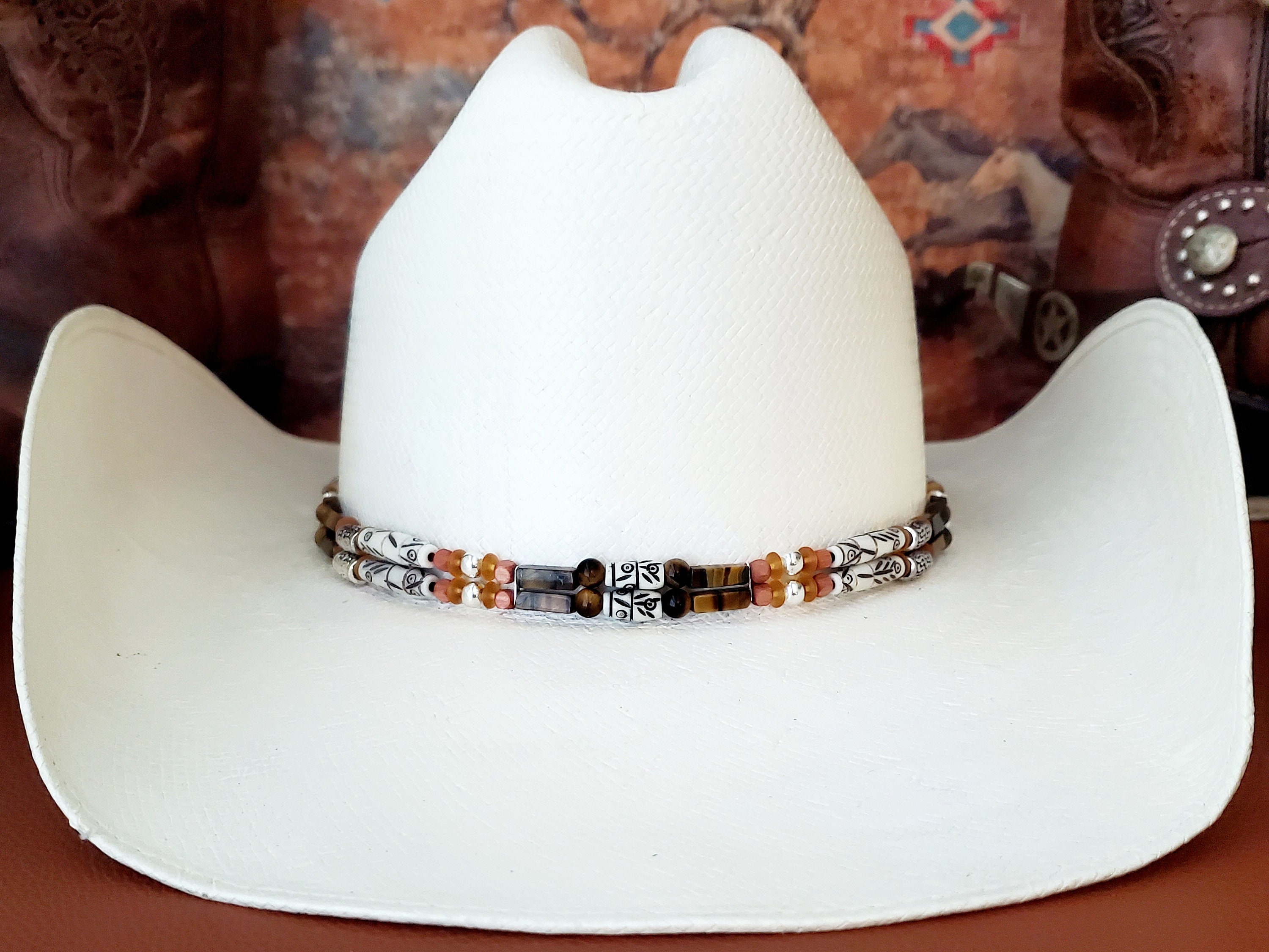Western Hat Band Bone Hairpipe Beaded Hatband With Tiger display picture 1