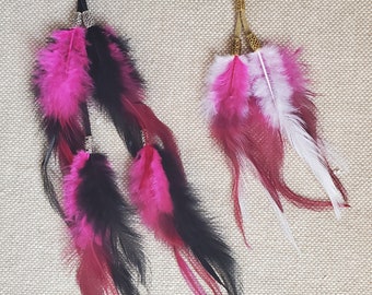 Pink Hair Feather Extension Clip - 4", 8",  11", 15" or 21" with Suede Lace with black/pink or white/pink feathers, silver or gold beads
