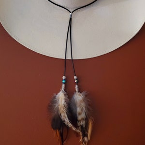 Leather Cord Hat Band with feathers in Brown, Black, Turquoise, Gray, or Natural Leather Cord, Western Cowboy or Cowgirl HatBand