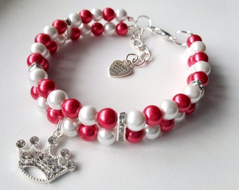 Pearl Pet Necklace: Red & White Beads, Rhinestone Crown Charm