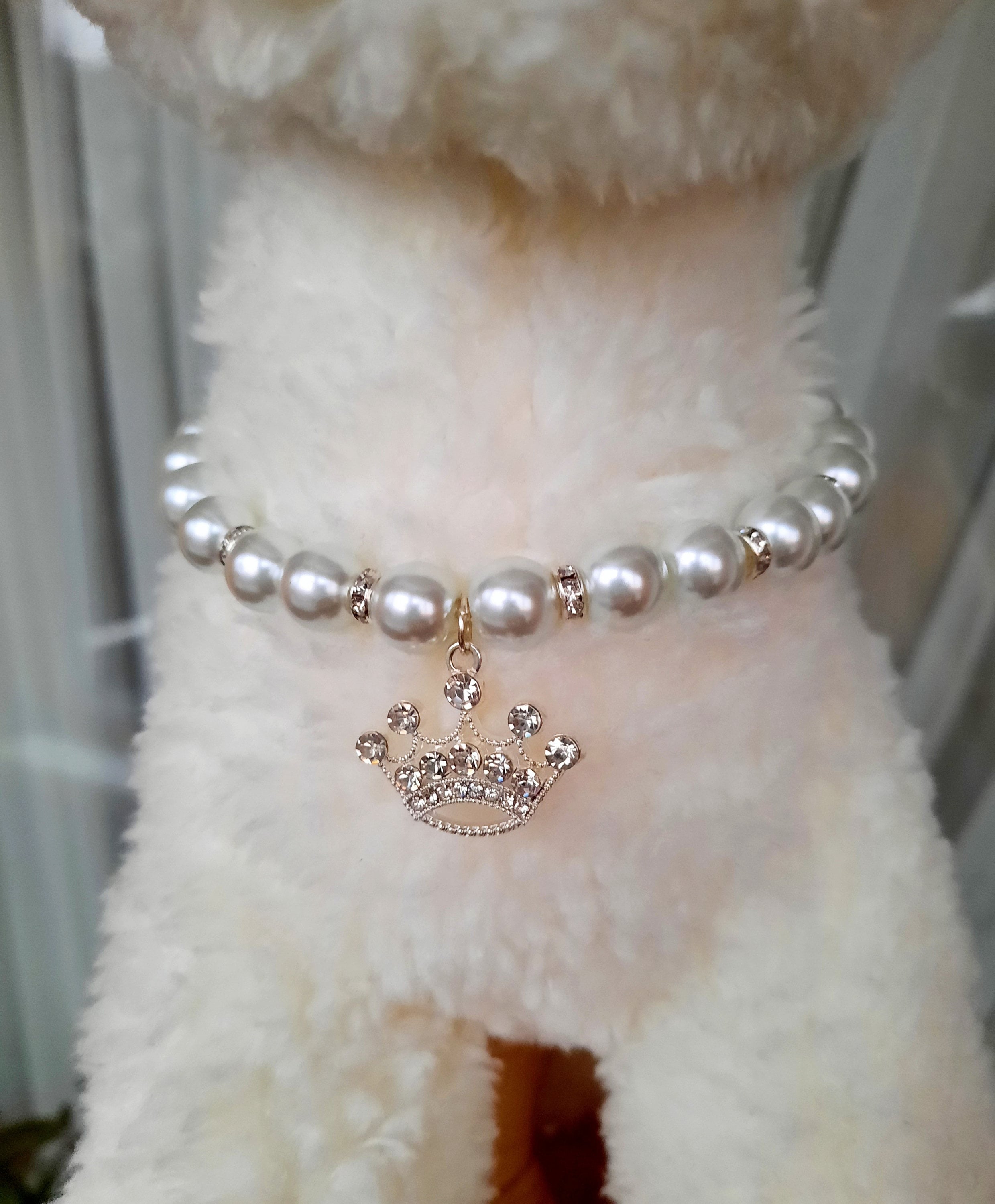 White pearl necklace for dogs and cats with crown charm and | Etsy
