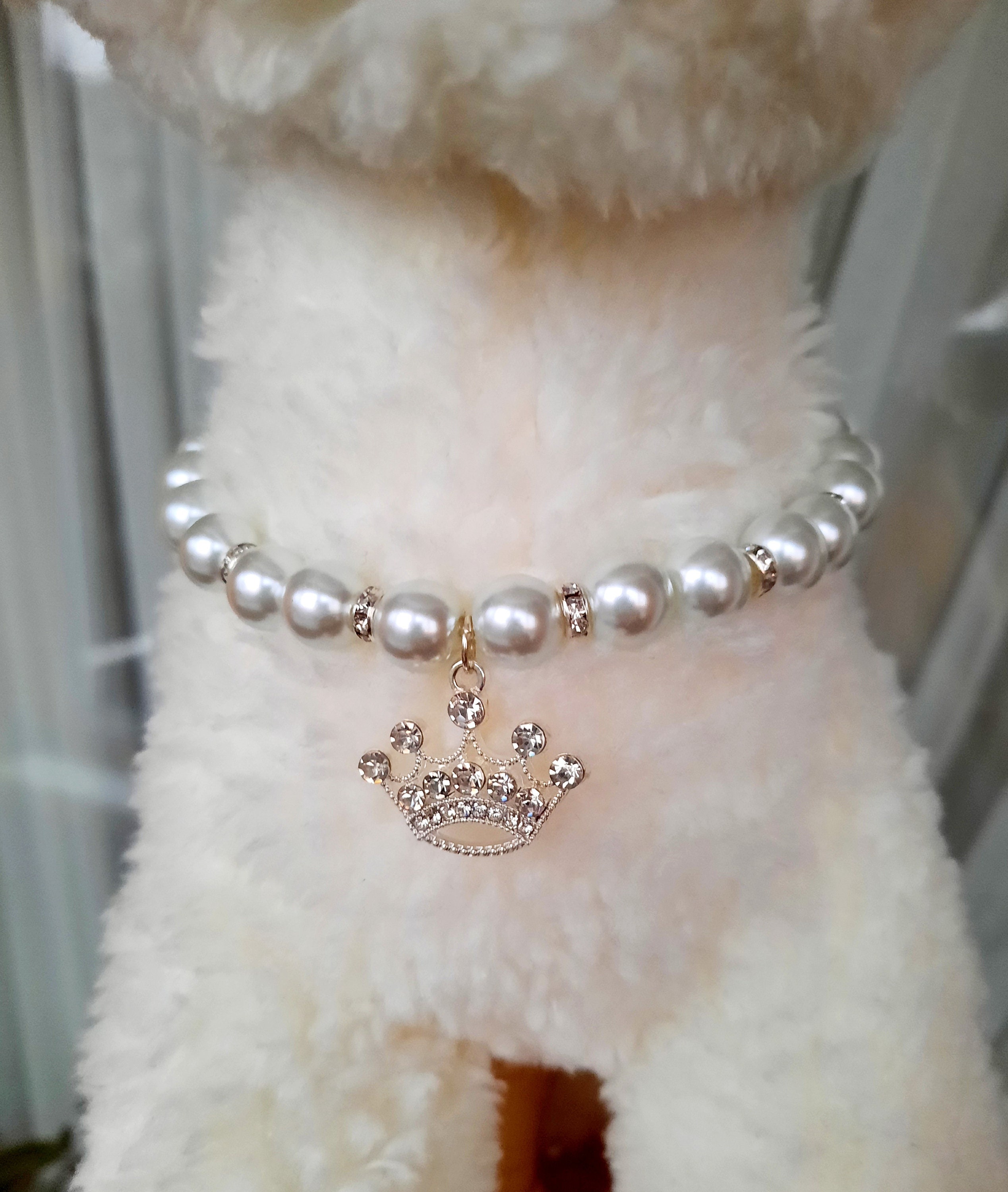 White pearl necklace for dogs and cats with crown charm and | Etsy