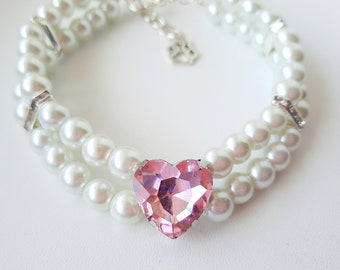 Pearl Dog Necklace: Custom Pet Collar with Pink Crystal Heart