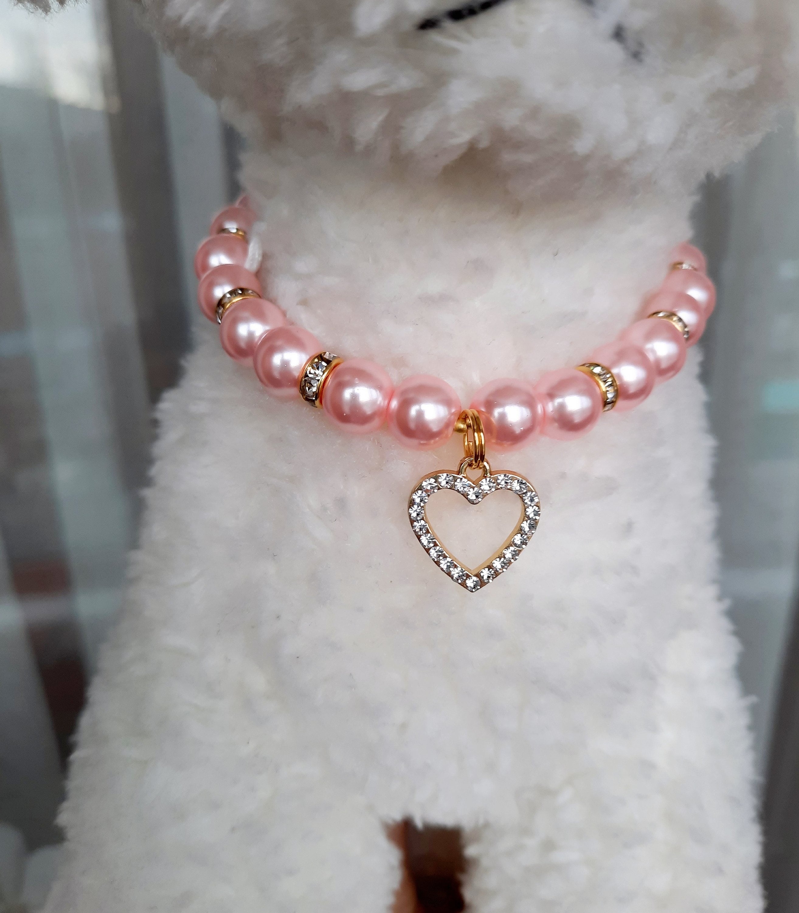 Pink pearl necklace for dogs and cats with heart charm and | Etsy