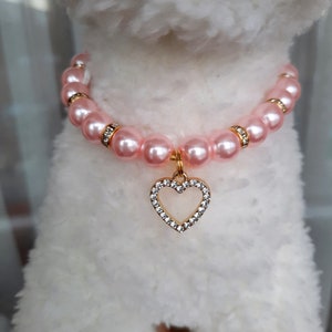Pink Pearl Necklace for Dogs and Cats With Heart Charm, Dog Pearl