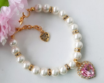 Ivory pearl necklace for dog and cat with heart charm custom Pet Jewelry Puppy Collar