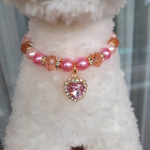 Pink Pearl Necklace for Dogs and Cats With Heart Charm, Pearl Dog