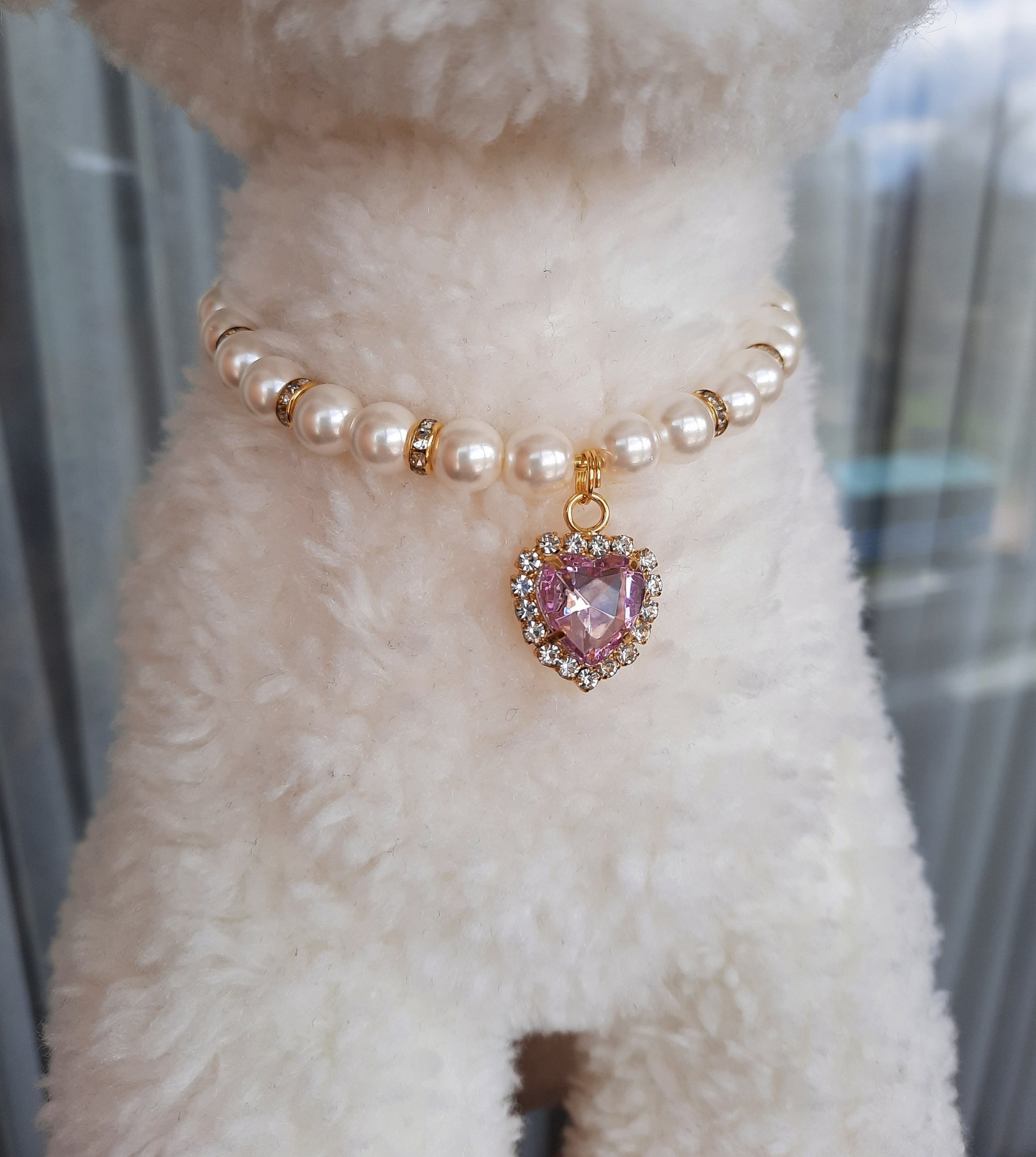 Ivory pearl necklace for dogs and cats with rhinestone heart | Etsy