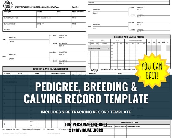 Cattle Breeding Record Keeping Farm Organization Template Cow | Etsy