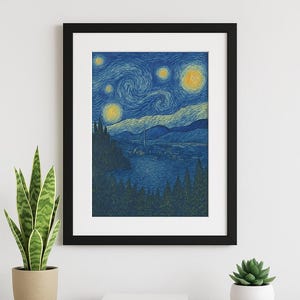 Póster de arte mural enmarcado con cielo arremolinado (30,5 x 40,6 cm) – Escena nocturna inspirada en Van Gogh – Impresión digital con IA – Decoración para el hogar con una noche estrellada en azul melancólico