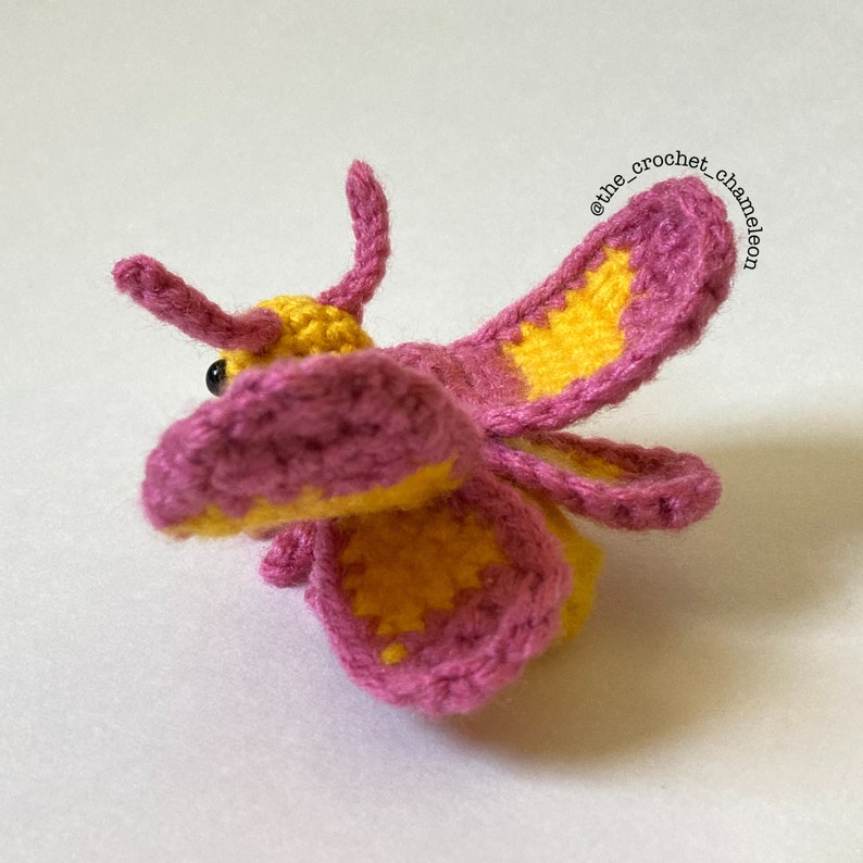 May include: A crocheted butterfly with pink and yellow wings. The butterfly is made with yarn and has a small black eye.