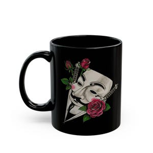 Guy Fawkes Mask with Roses Mug | Black Ceramic Coffee Cup