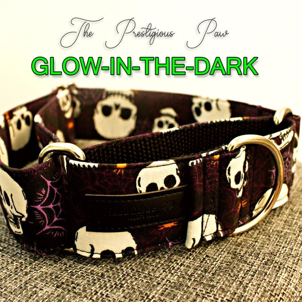 Skulls and Spiderwebs Glow in the Dark Gothic Fabric Dog Collar | Spider | Martingale | Flat Buckle | Girl Dog Collar | Boy Dog Collar