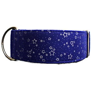 Starry Night Dog Collar | Martingale or Flat Buckle Collars | 1, 1.5, or 2 Inches | Metallic Silver Stars on Blue Background