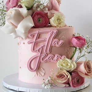 Kuchen Charm… Zartrosa und Pastell Rosa Kuchenabzeichen… Namensschild… Kuchenplakette