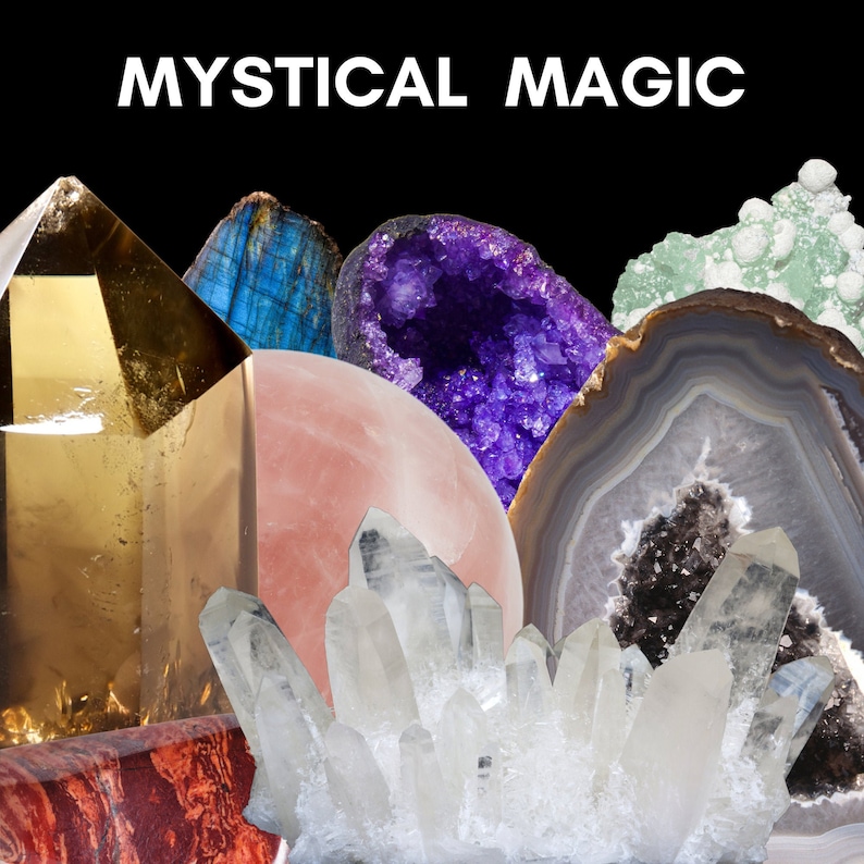 May include: A collection of various crystals and gemstones, including amethyst, citrine, rose quartz, agate, and clear quartz. The crystals are arranged in a cluster, with the amethyst and agate in the center and the other crystals surrounding them. The crystals are all different shapes and sizes, and they have a variety of colors, including purple, yellow, pink, white, and brown.