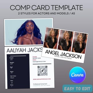Op de afbeelding: Een comp card van Aaliyah Jacks met haar foto, haar maten, haar contactgegevens en een QR-code. De kaart bevat ook de tekst "Professional Comp Card" en "Designed by Jean Alon Media".