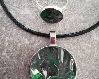 Necklace with Pendant and matching Ring, ground colour:Green with unique pattern for every piece, 25mm width, 45-50 cm adjustable length