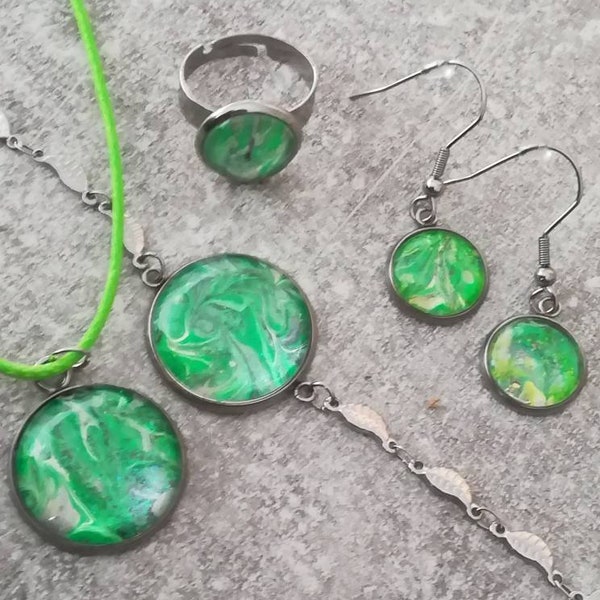 Unique pattern Jewellery set in green, with waxed cord  necklace, pendant, bracelet, ring and earrings