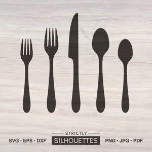 May include: Silhouettes of a fork, knife, and two spoons. The cutlery is black against a light wood background. The text "Strictly Silhouettes" is below the image.