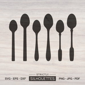 Puede incluir: Conjunto de seis cucharas negras en silueta sobre un fondo de madera. Las cucharas son de diferentes tamaños y formas. El texto "Strictly Silhouettes" está debajo de las cucharas. El texto "SVG - EPS - DXF" está a la izquierda y "PNG - JPG - PDF" está a la derecha.