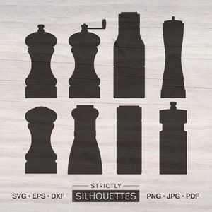May include: Set of eight black silhouette images of different styles of salt and pepper shakers.  The images are on a wood grain background.  Strictly Silhouettes. SVG, EPS, DXF, PNG, JPG, PDF.