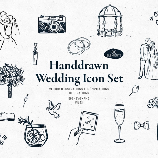 Wedding Timeline Icons, 80 Hand Drawn marriage clipart elements, EPS SVG PNG files, bride and groom, bridesmaid, digital download, ring, png