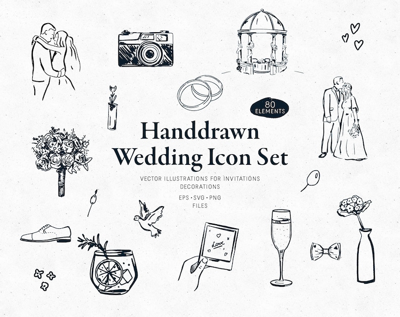 Wedding Timeline Icons, 80 Hand Drawn Marriage Clipart Elements, EPS ...