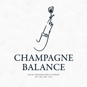 Könnte beinhalten: Schwarz-weiß-Linienzeichnung einer Hand, die ein Champagnerglas hält. Der Text "Champagne Balance" befindet sich unter dem Bild.