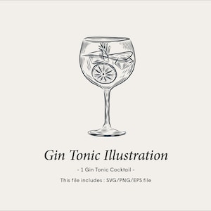 Illustration de cocktail, Gin Tonic, Dessin de boisson, Dessin à la main, Fichier numérique