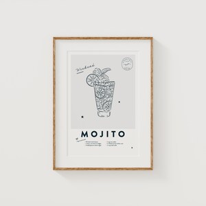 Mojito Cocktail Poster, Retro, Digital Art, Bar Cart Decor, Printable, Wall Art, Vintage, Drinks, Happy Hour, Kitchen, Bright Home Decor