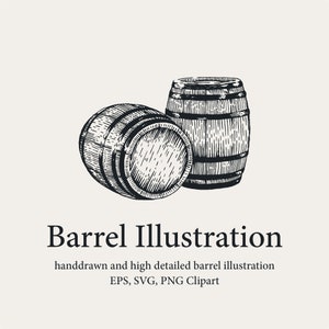 Op de afbeelding: Een zwart-wit illustratie van twee houten vaten. Eén vat ligt op zijn kant, de andere staat rechtop. De tekst "Barrel Illustration" staat eronder, met extra tekst.