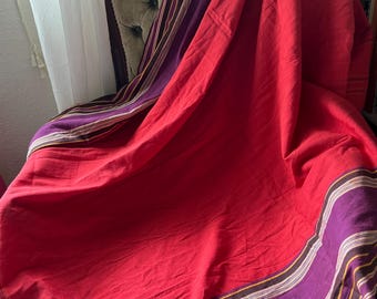 Vintage Handwoven Cotton Scarf with Tassels | Red Purple Wrap Shawl | Boho Handmade Scarf