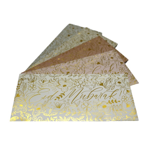 EID MONEY ENVELOPES [Set of 5 or 10] | Floral Design in Muted Neutral Colors | Eidi Cash Envelopes | Metallic Gold Finish