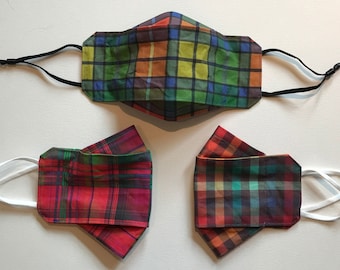 Plaids! New origami anti fog face masks. Quilters cotton w/batik, fitted, adjustable ear loops, nose wire, 5 sizes, handmade in USA
