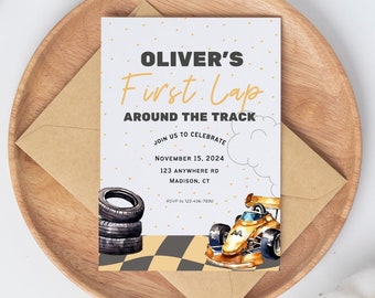Race Car First Birthday Invitation, First Lap Around The Track Invitation, Racing Car 1st Birthday Invite, Race Car Invites, 5x7 Canva