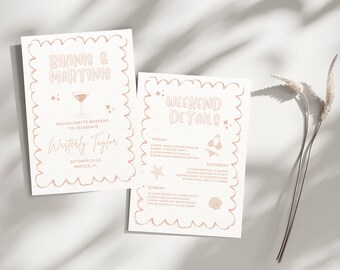Bachelorette Party Itinerary, Travel Itinerary, Beach Bachelorette, Bride To Be, Girls Trip Invitation, Bikinis and Martinis