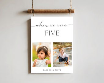 Plantilla de número de mesa con foto de When We Be Age, decoración de mesa de boda minimalista imprimible, letrero con foto de la infancia editable, plantilla de Canva, estilo boho