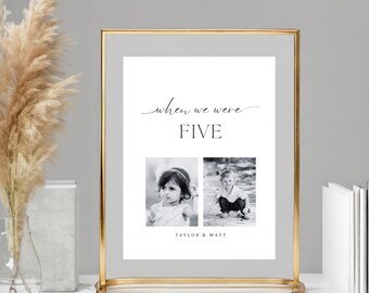 Plantilla de número de mesa con foto de When We Be Age, decoración de mesa de boda minimalista imprimible, letrero con foto de la infancia editable, plantilla de Canva, estilo boho