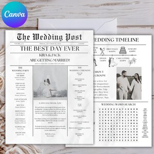 Op de afbeelding: Een huwelijksaankondiging in de stijl van een krant. De kop is "The Wedding Post" en bevat de namen van het paar, Kira en Jack. De aankondiging bevat details over de bruiloftspartij, de ceremonie en de receptie. De bruiloftplanning is ook inbegrepen, met tijden voor de eerste dans, het aansnijden van de taart en het afscheid.