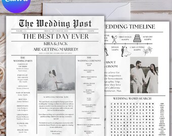 Modelo de programa de casamento de jornal, programa de jornal de casamento editável, infográfico de casamento para impressão, programa de dia de casamento dobrado, download