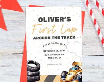 May include: A white invitation with gold and black text for a birthday party. The text reads "Oliver's First Lap Around the Track". The invitation includes a date, address, and RSVP information. The invitation is decorated with a cartoon race car and tyres.